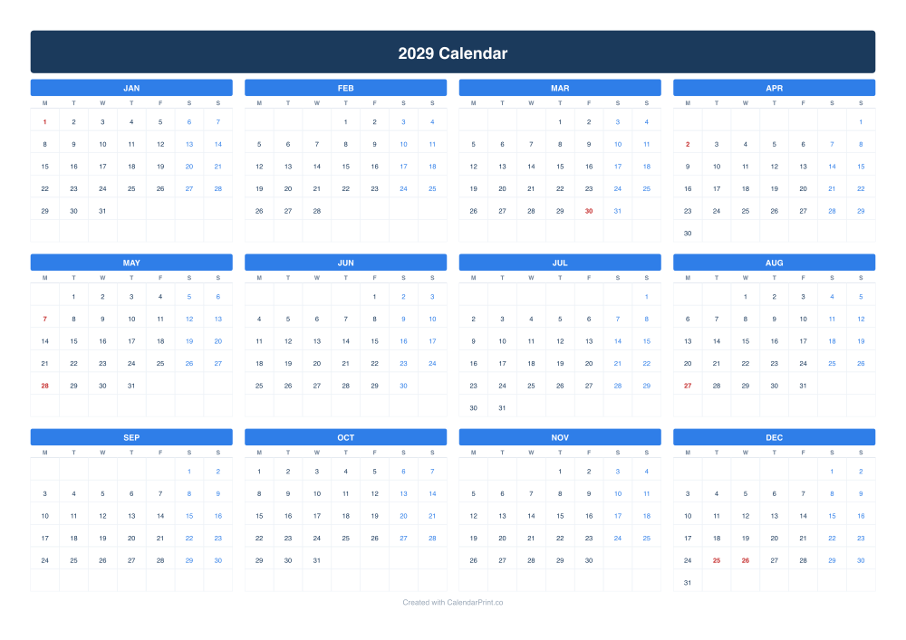 2029 yearly calendar preview