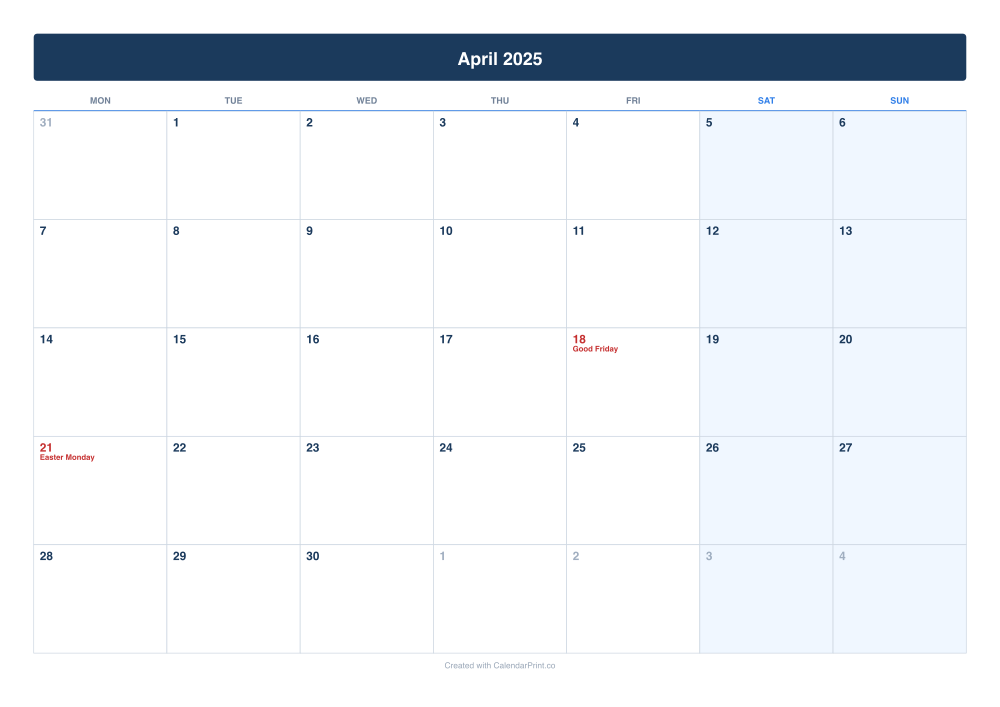 April 2025 calendar preview