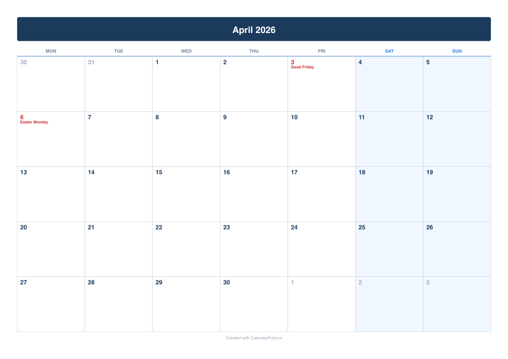 April 2026 calendar preview