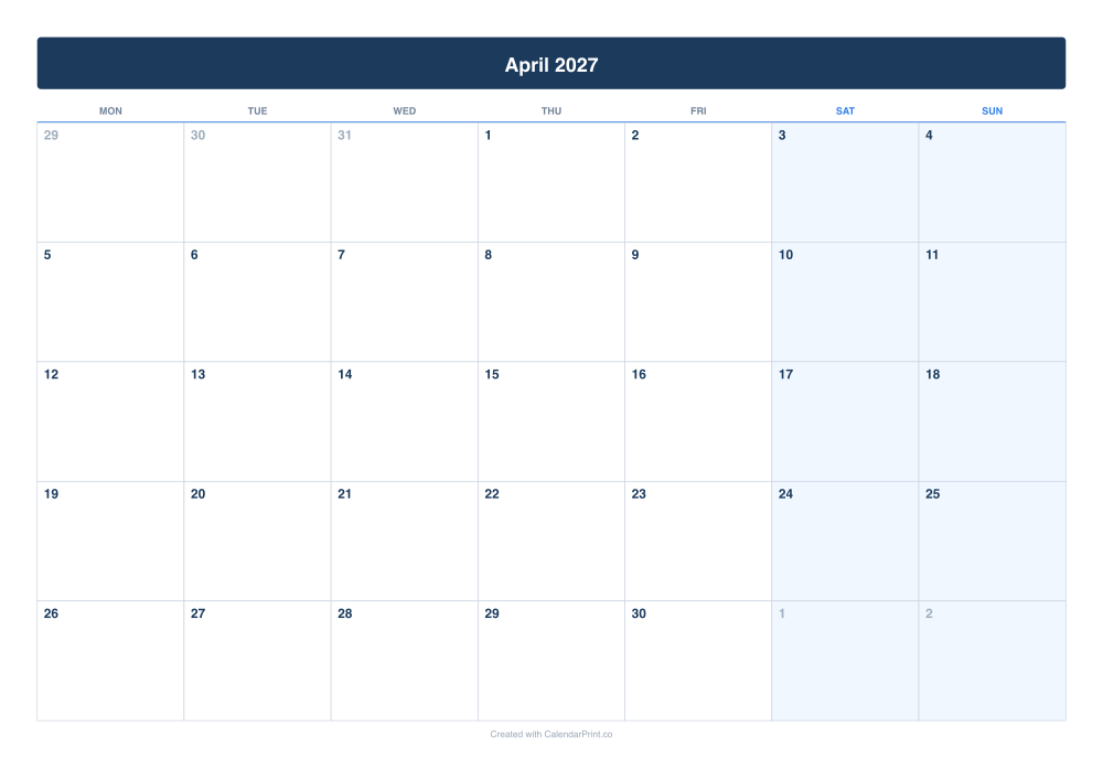 April 2027 calendar preview