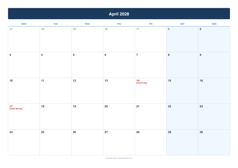 April 2028 calendar preview