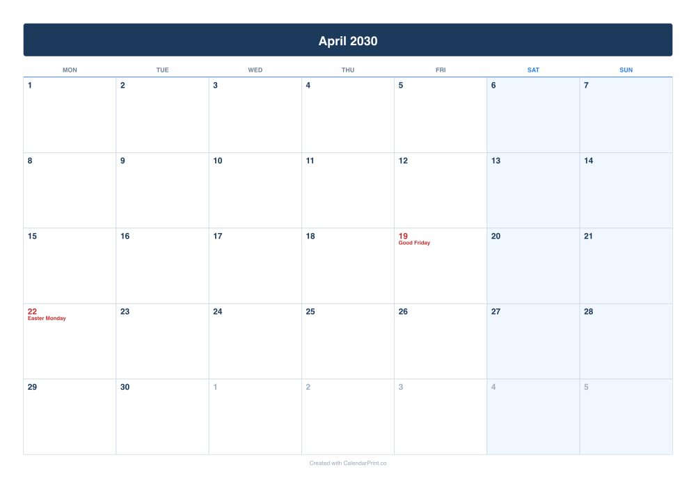 April 2030 calendar preview