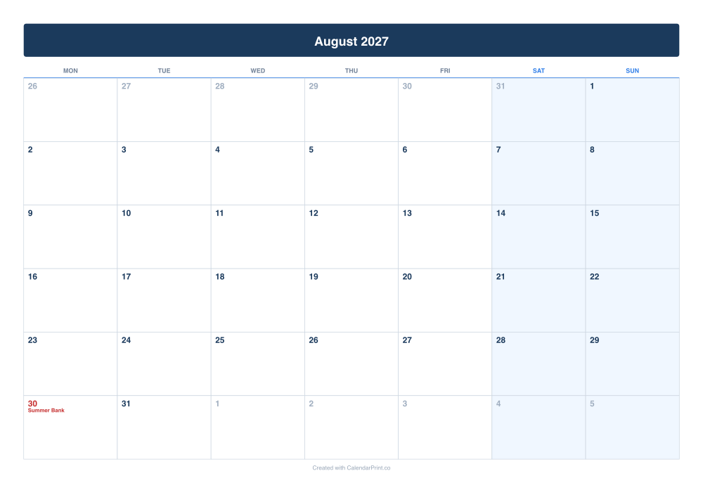 August 2027 calendar preview