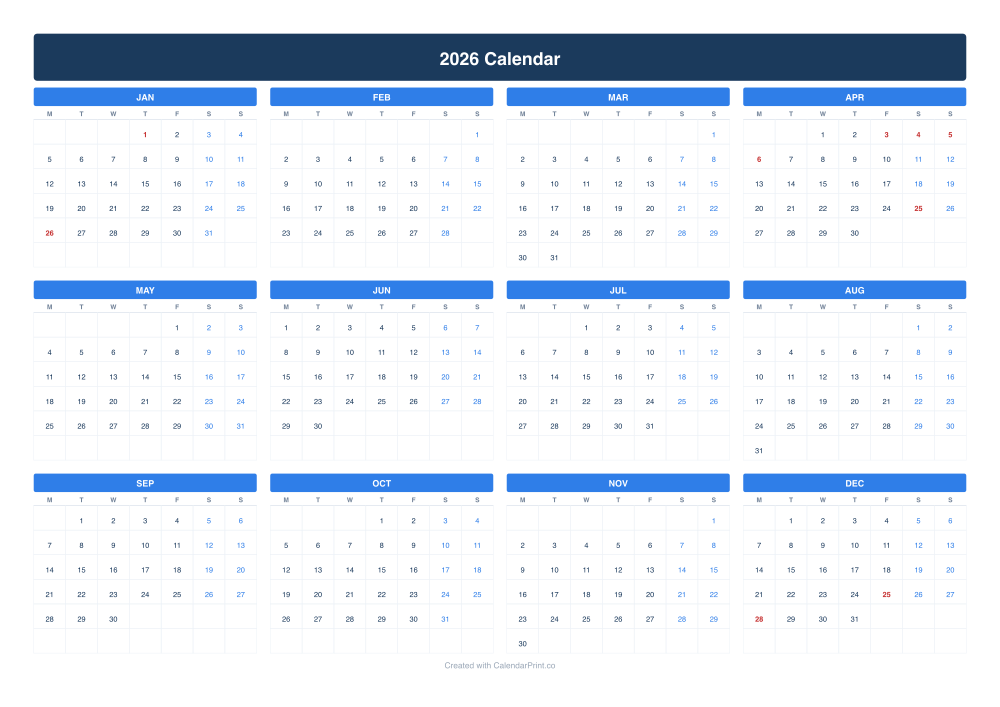 2026 calendar with Australian public holidays