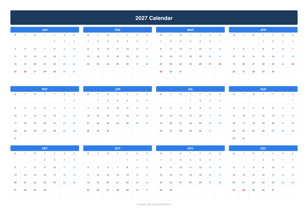 2027 calendar with Australian public holidays