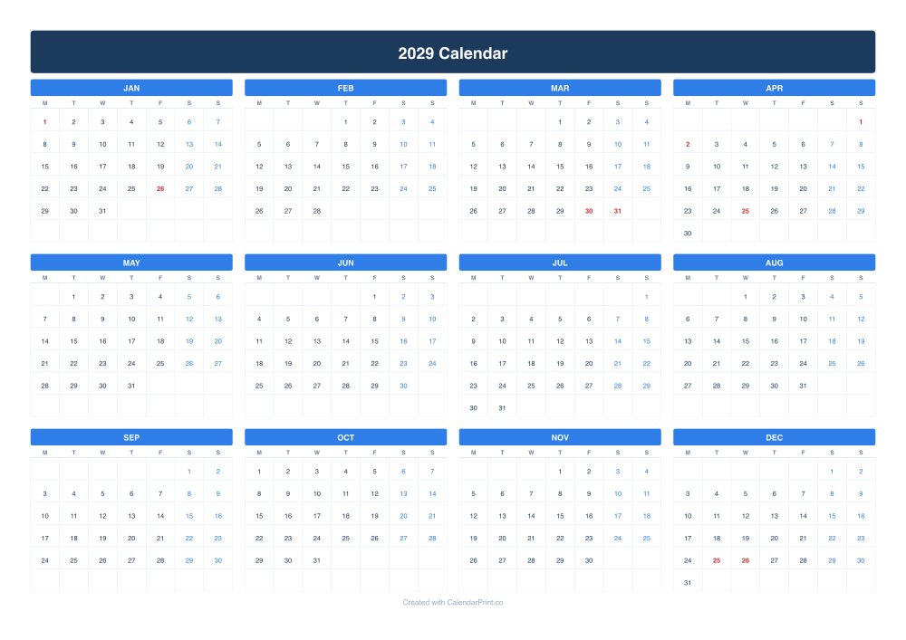 2029 calendar with Australian public holidays
