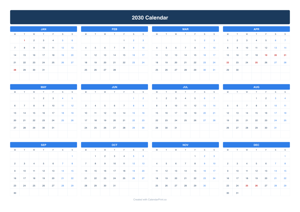 2030 calendar with Australian public holidays