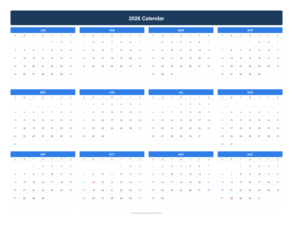 2026 calendar with Canadian public holidays
