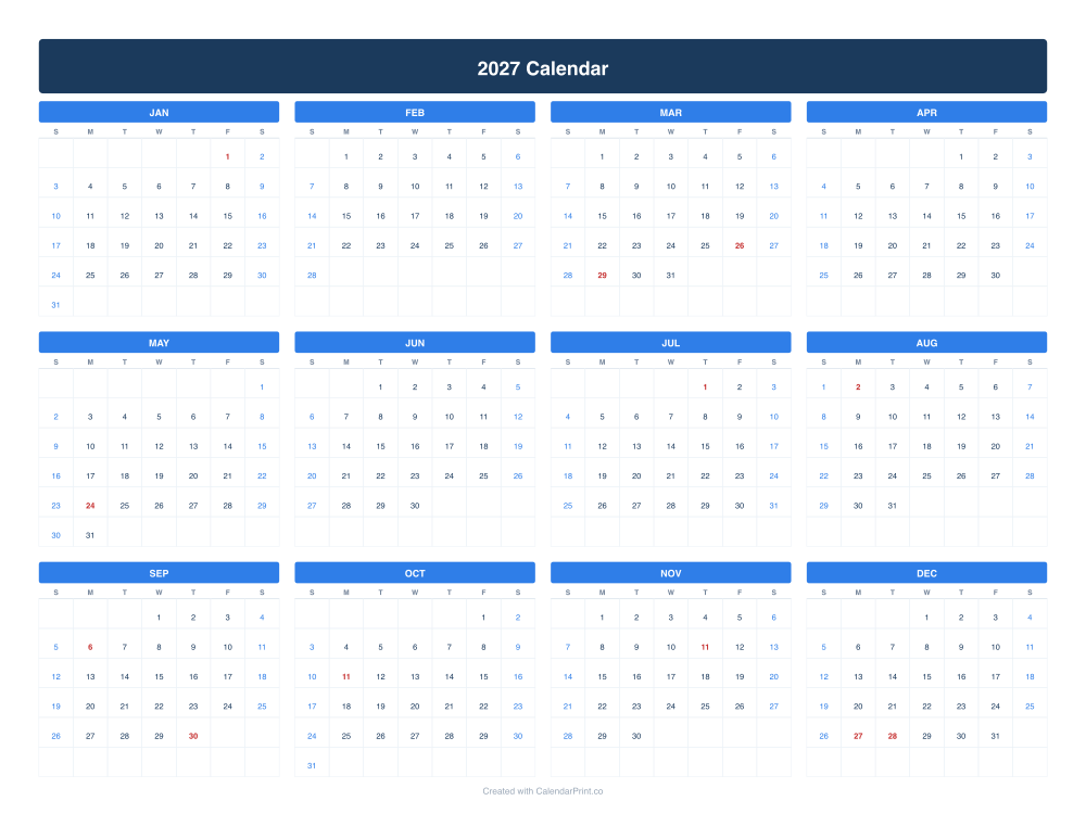 2027 calendar with Canadian public holidays