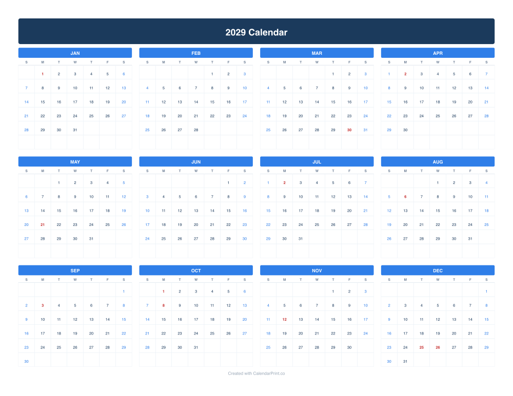 2029 calendar with Canadian public holidays