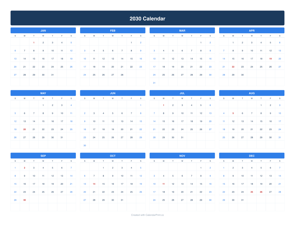 2030 calendar with Canadian public holidays