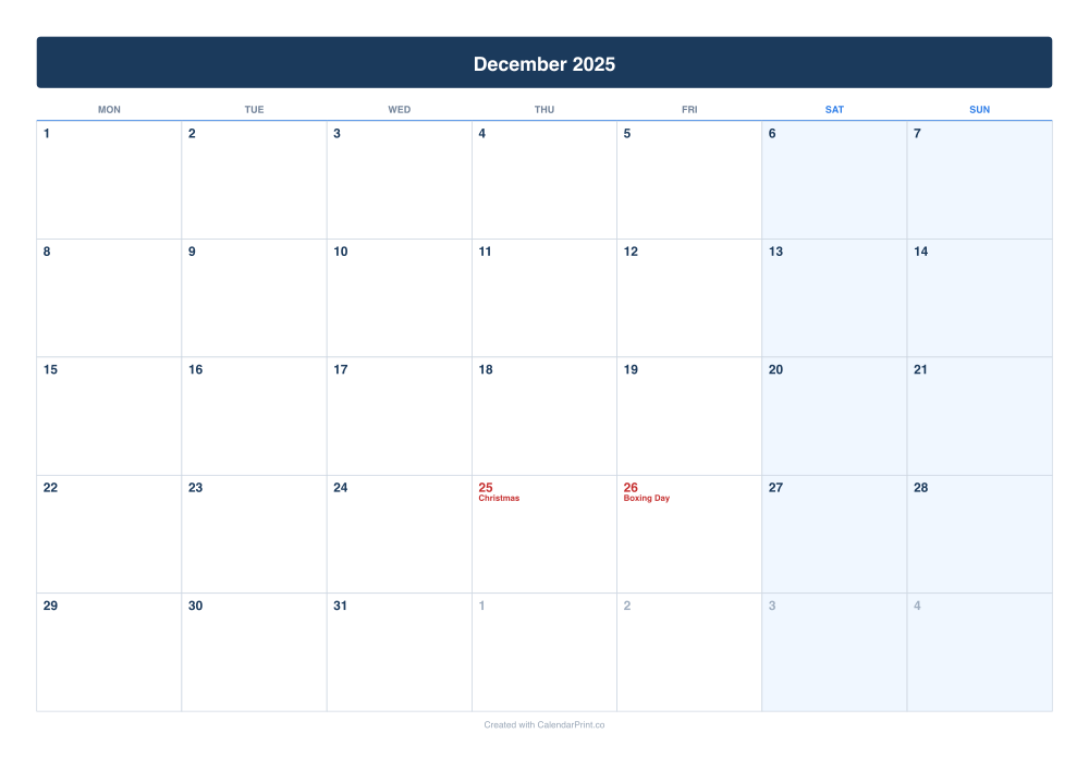 December 2025 calendar preview