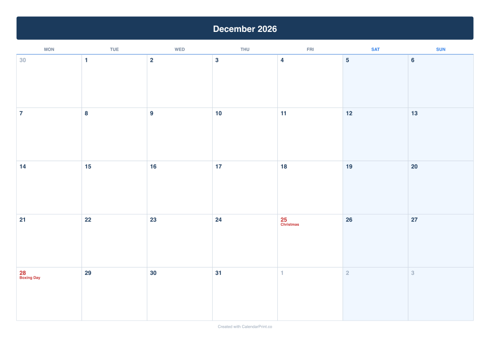 December 2026 calendar preview