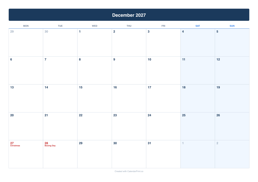 December 2027 calendar preview