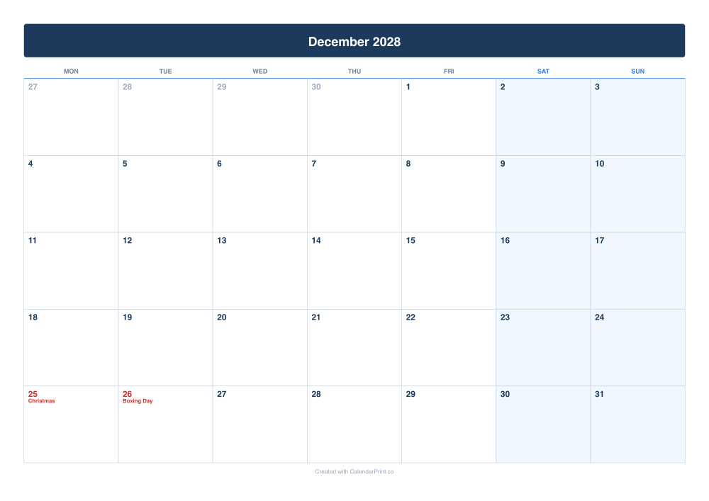 December 2028 calendar preview