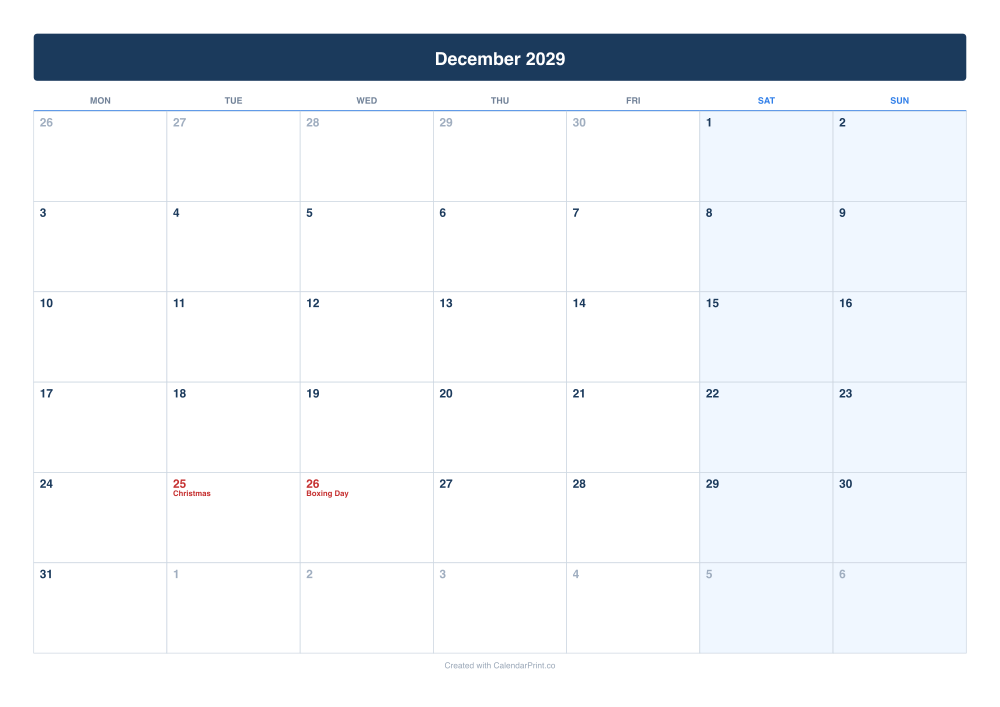 December 2029 calendar preview