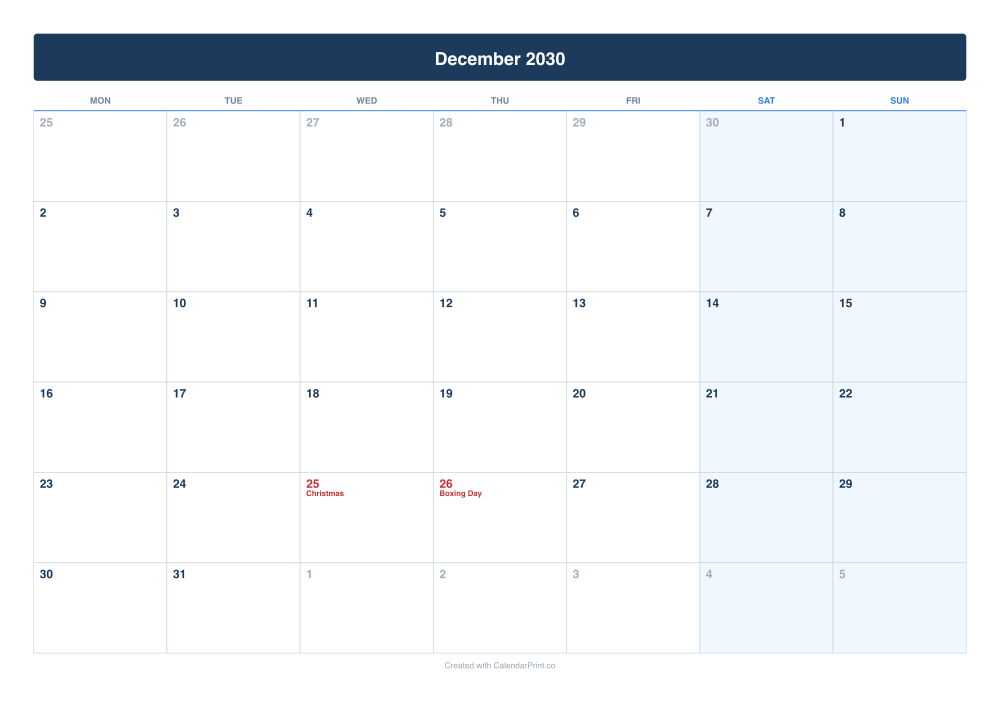 December 2030 calendar preview
