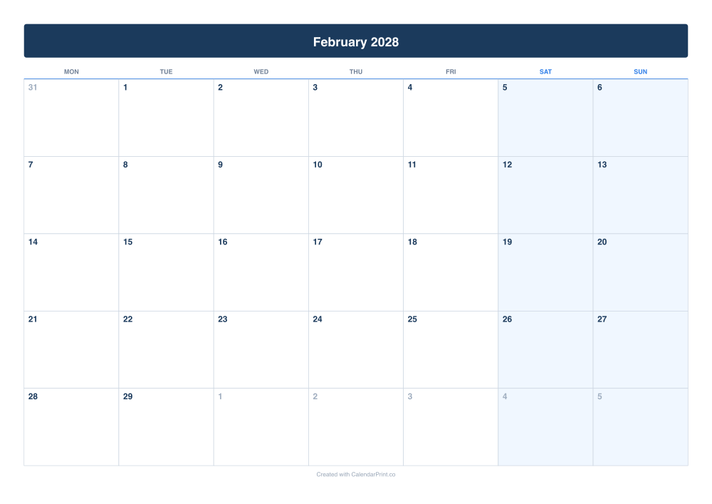 February 2028 calendar preview