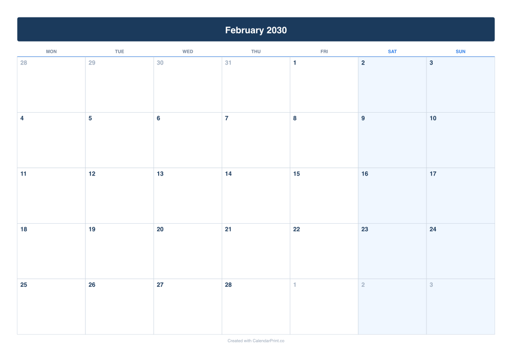 February 2030 calendar preview