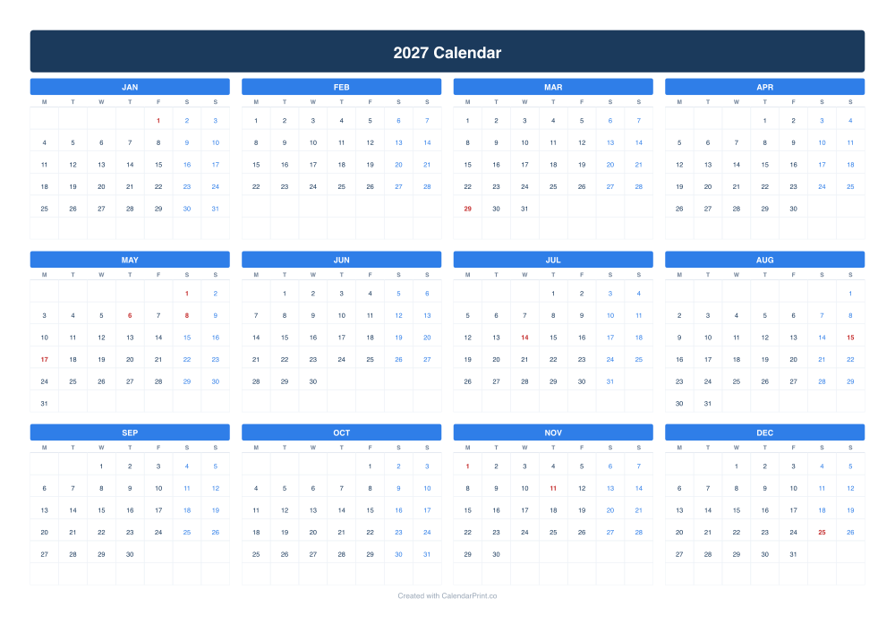 2027 calendar with French public holidays