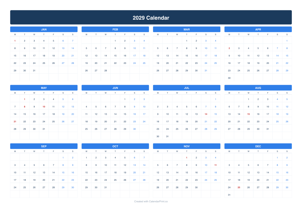 2029 calendar with French public holidays