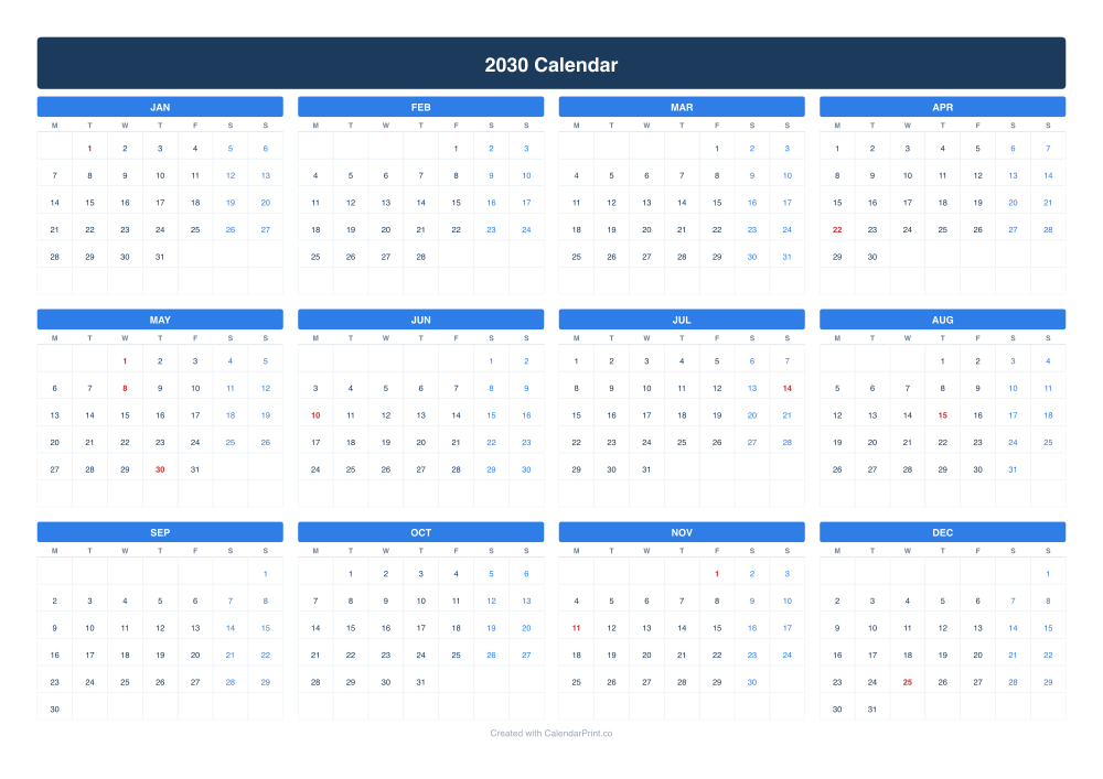 2030 calendar with French public holidays