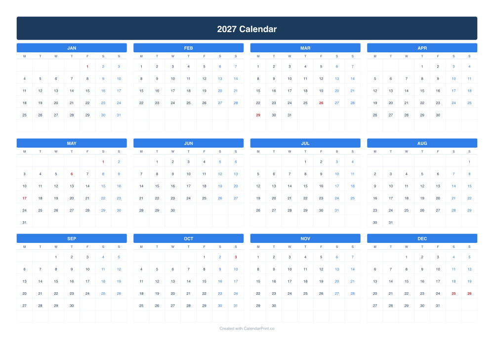 2027 calendar with German public holidays