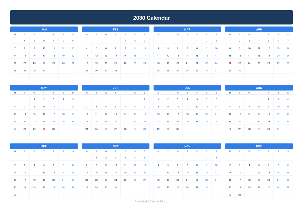 2030 calendar with German public holidays