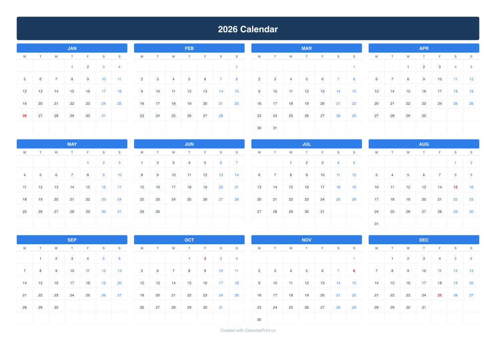 2026 calendar with Indian national holidays