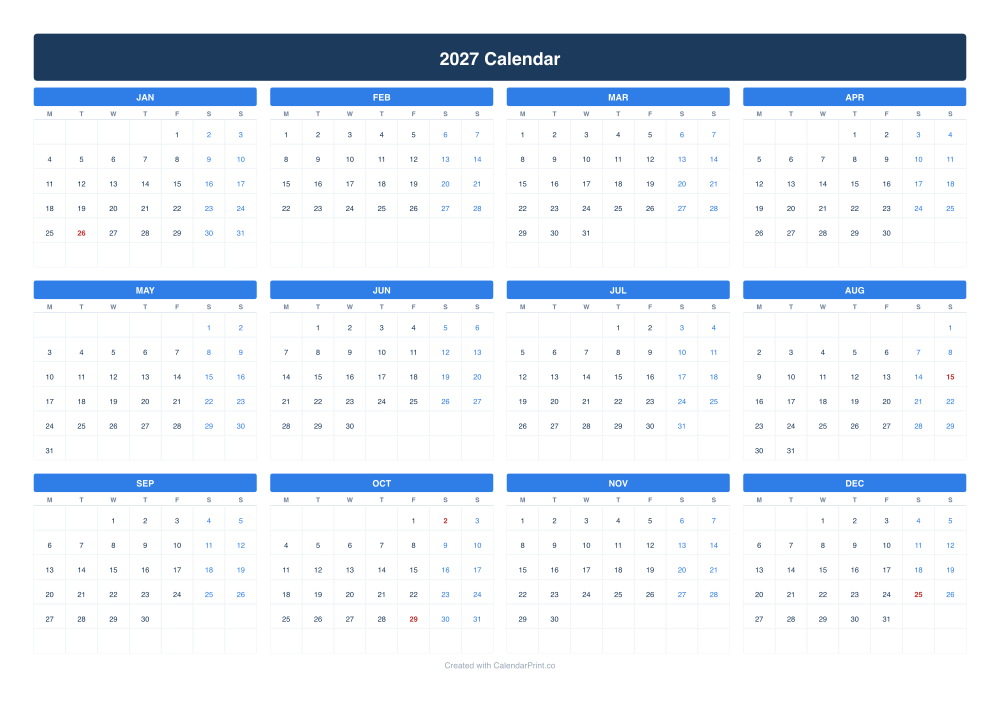2027 calendar with Indian national holidays
