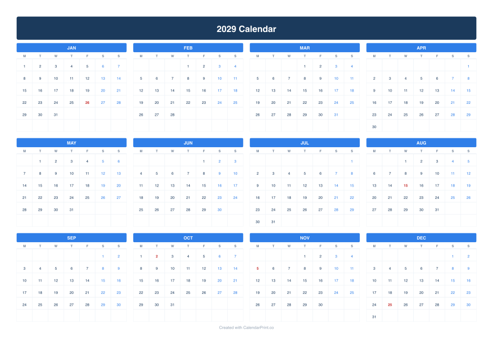2029 calendar with Indian national holidays