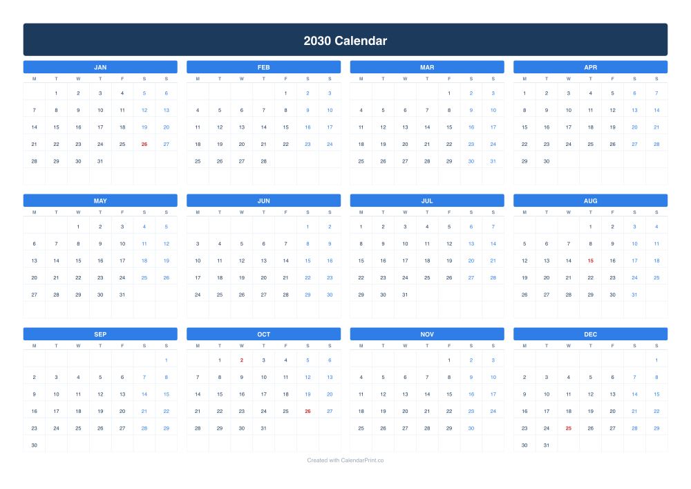 2030 calendar with Indian national holidays
