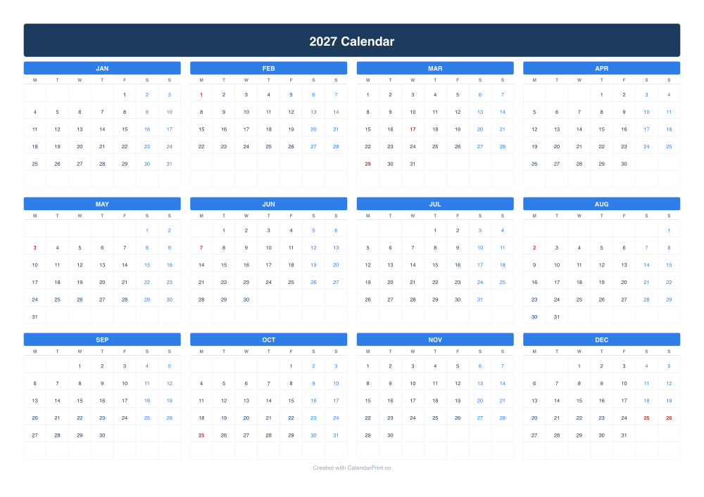 2027 calendar with Irish public holidays