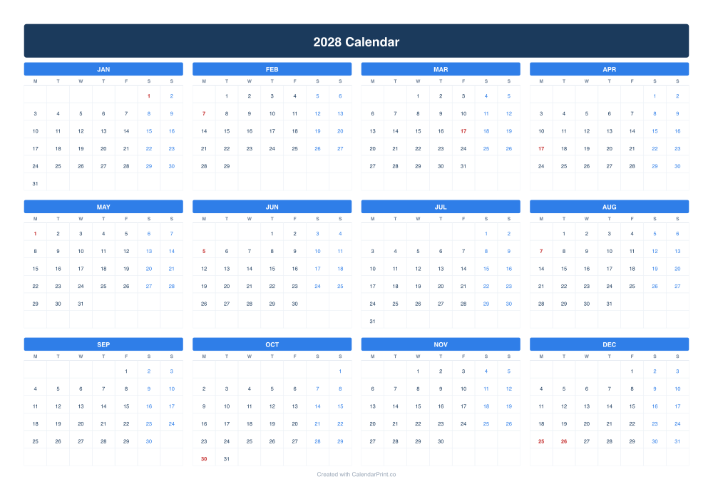 2028 calendar with Irish public holidays