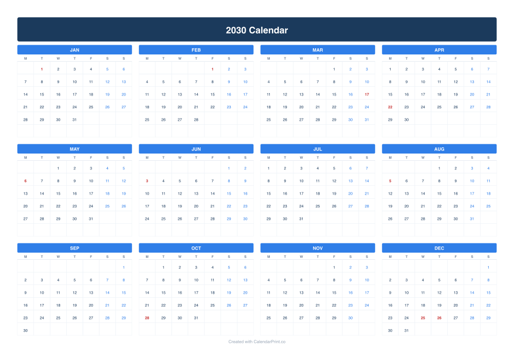 2030 calendar with Irish public holidays