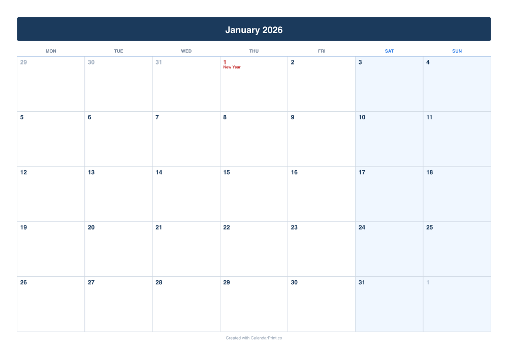 January 2026 calendar preview
