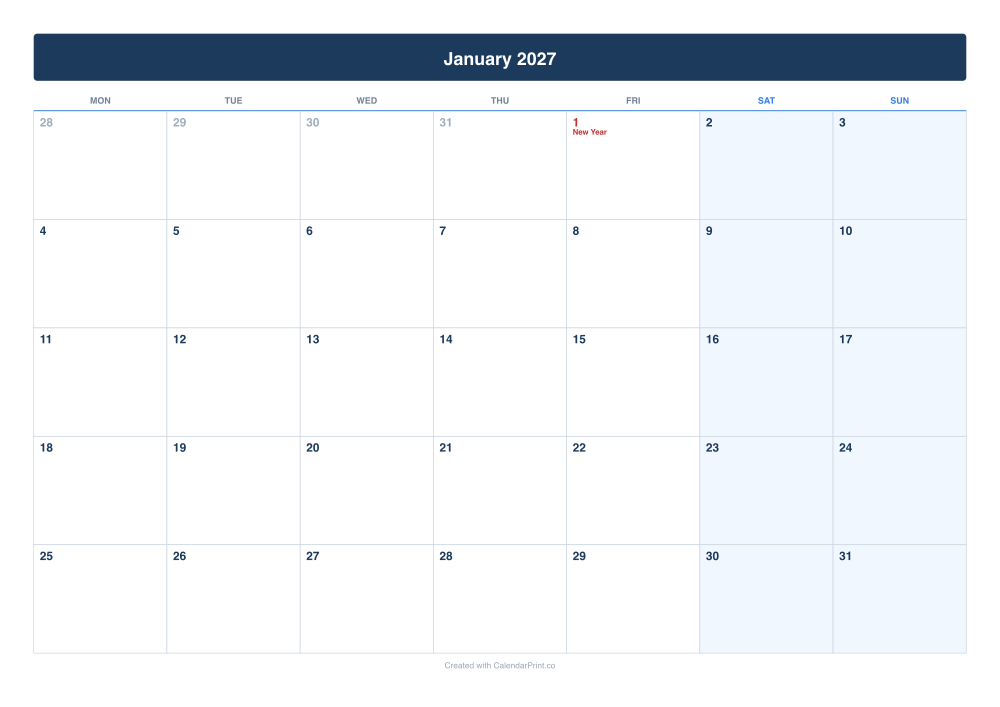 January 2027 calendar preview