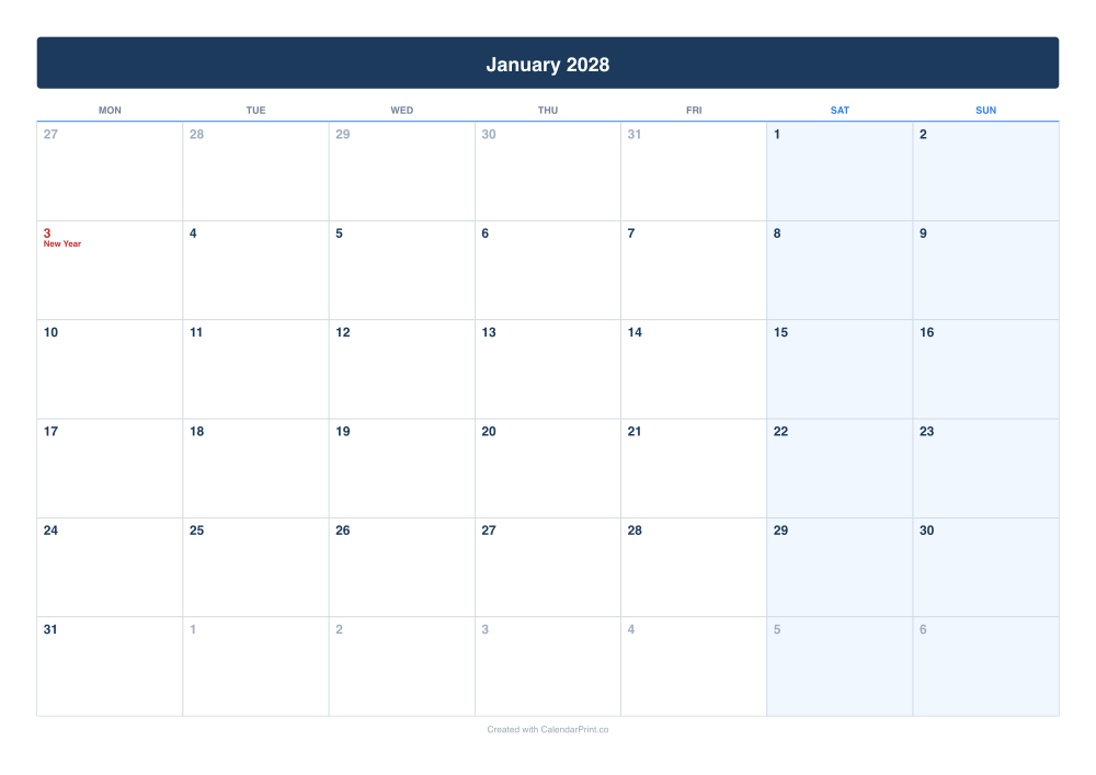 January 2028 calendar preview