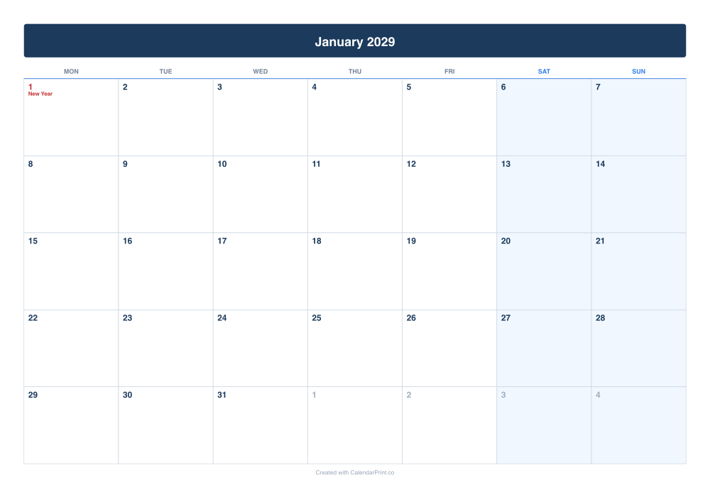 January 2029 calendar preview