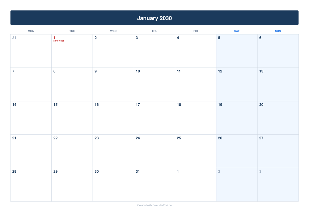 January 2030 calendar preview