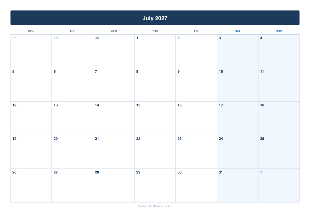 July 2027 calendar preview