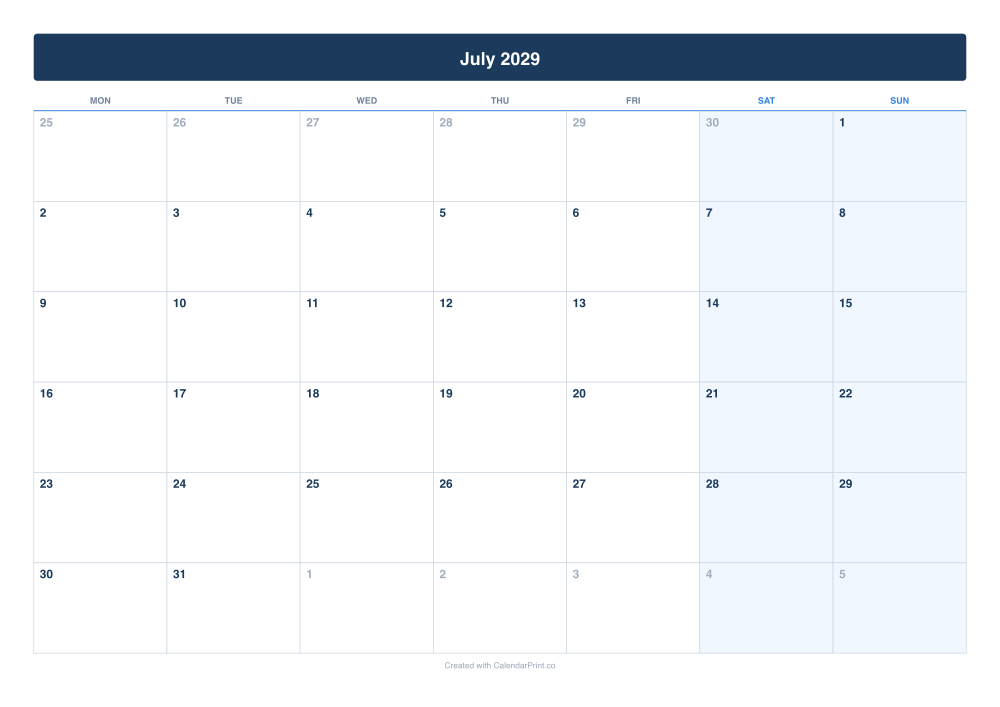 July 2029 calendar preview