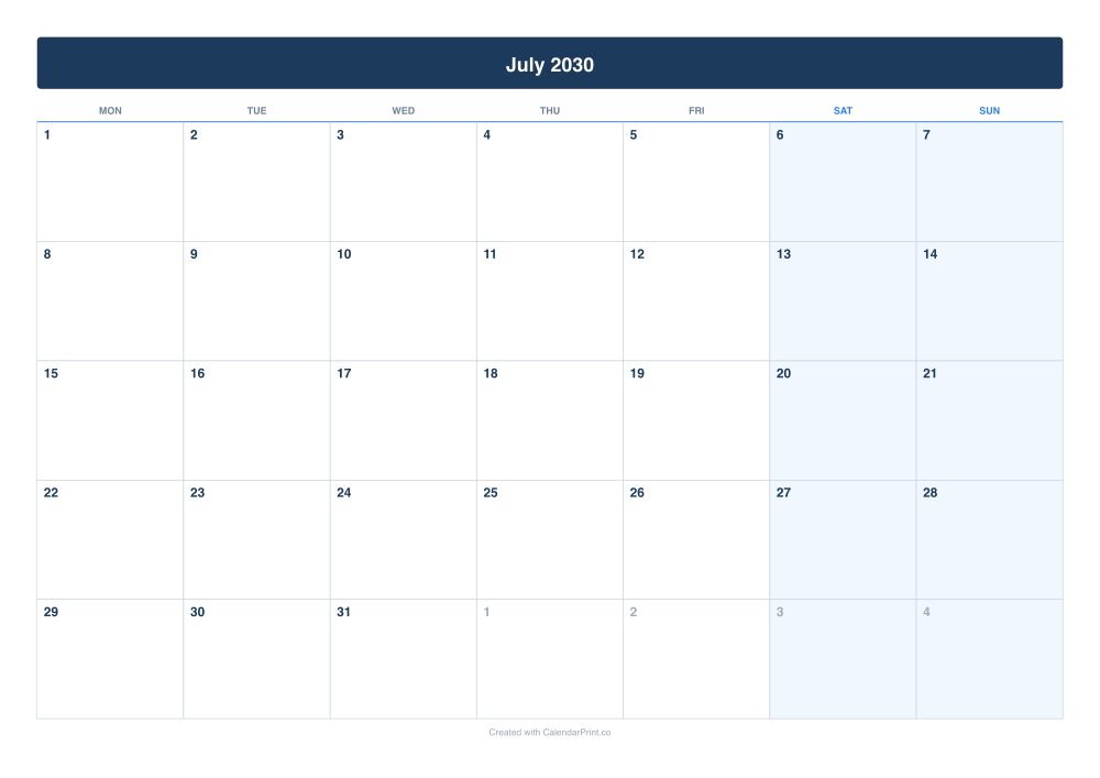 July 2030 calendar preview