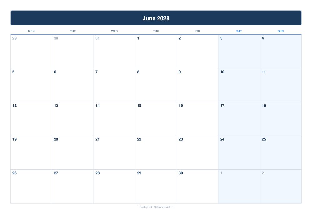 June 2028 calendar preview