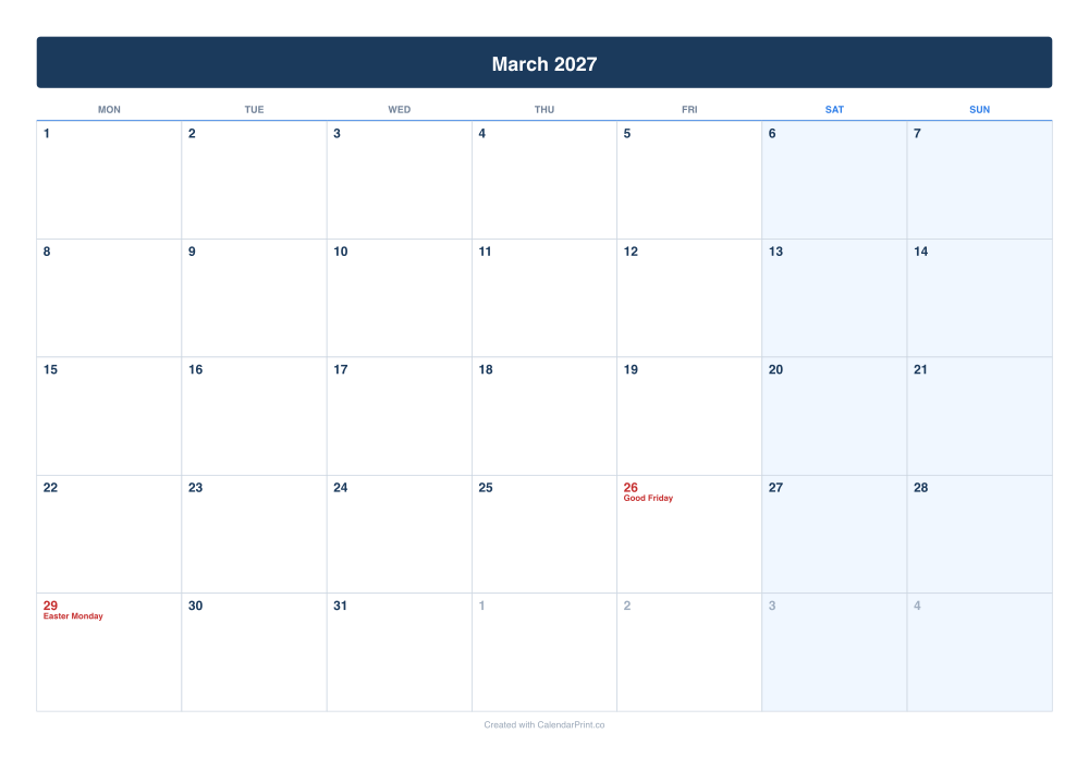 March 2027 calendar preview