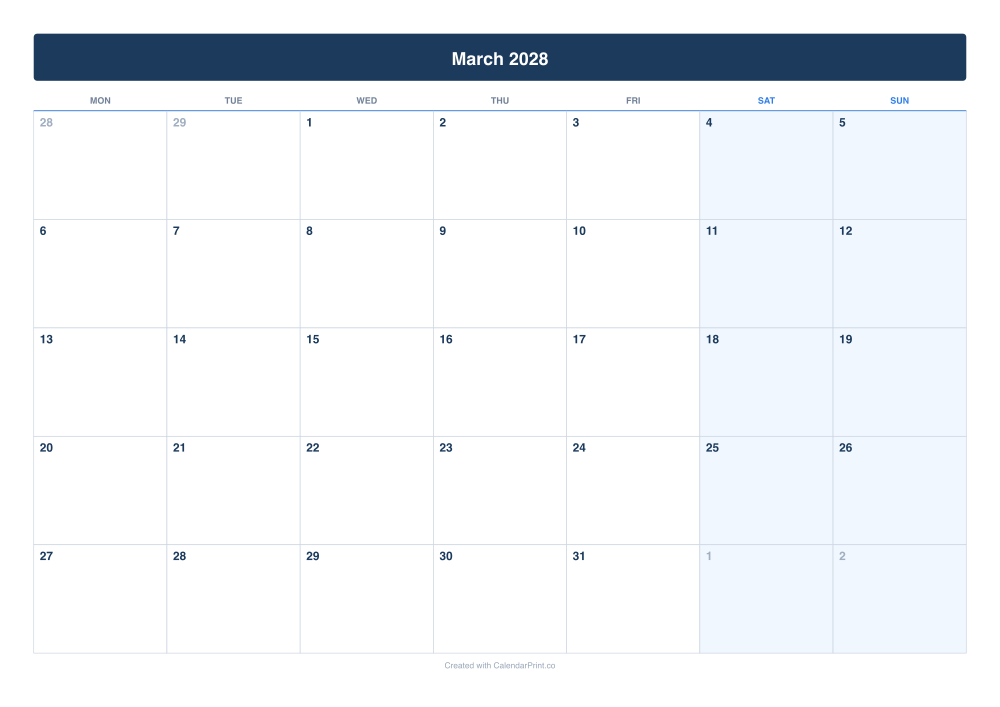 March 2028 calendar preview