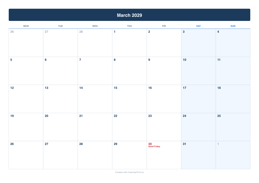 March 2029 calendar preview
