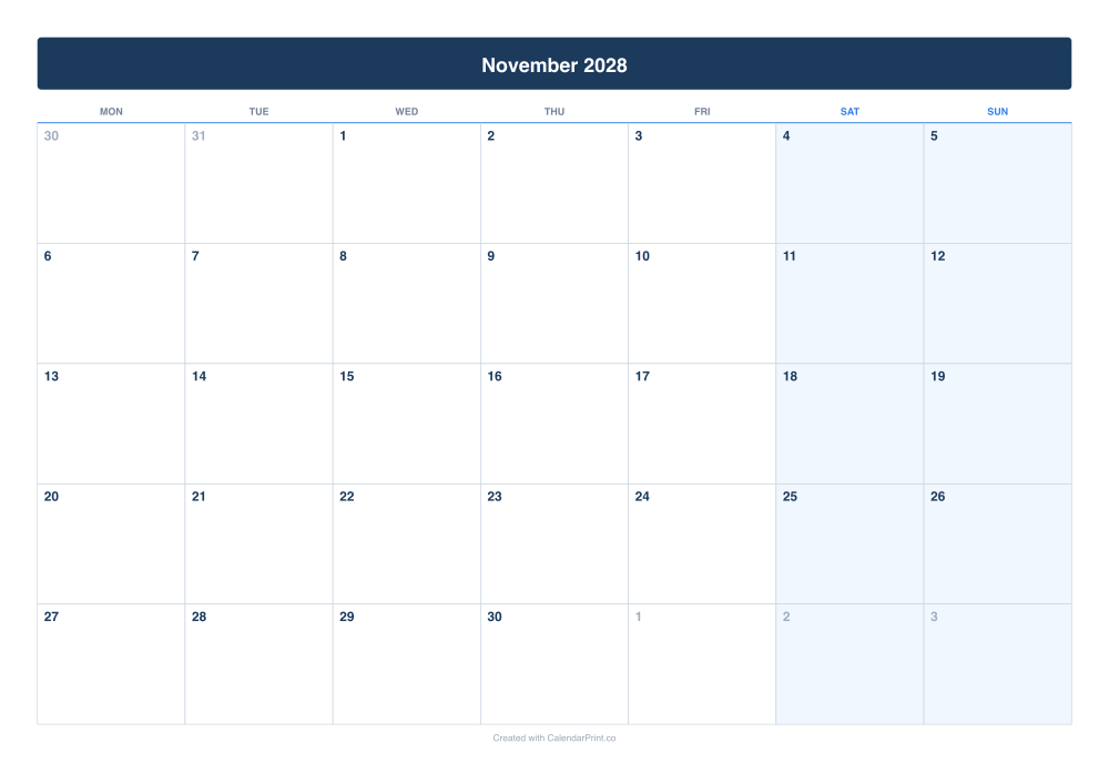 November 2028 calendar preview