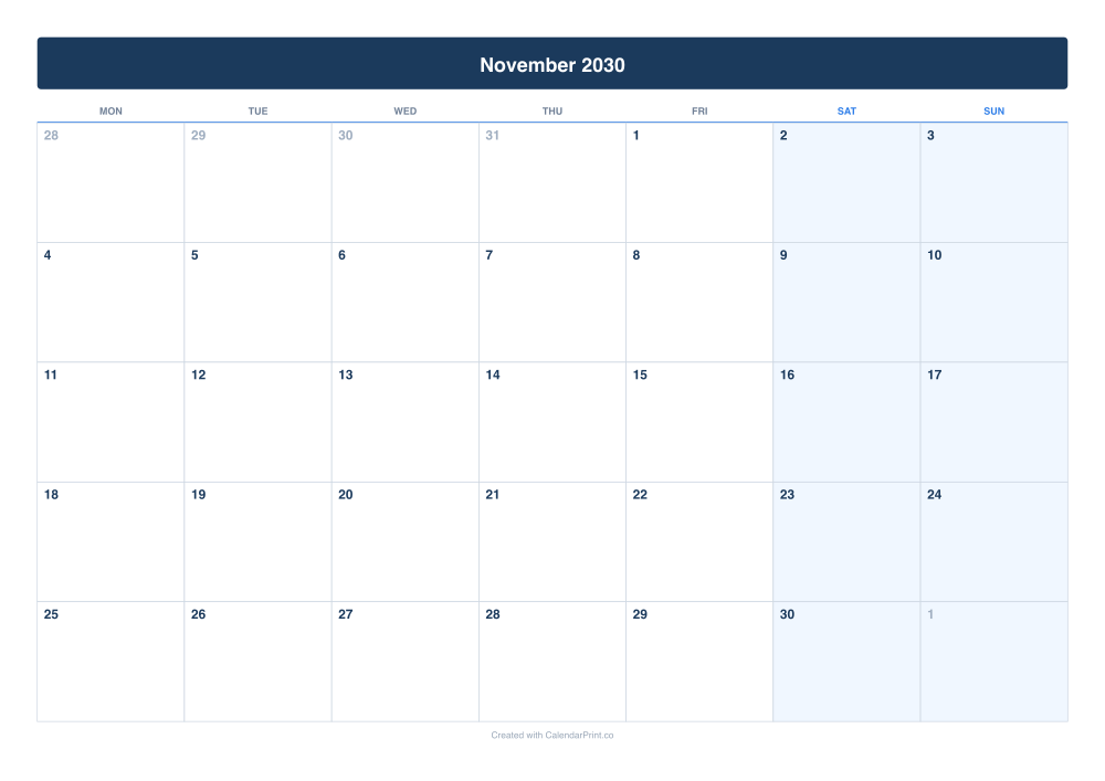 November 2030 calendar preview