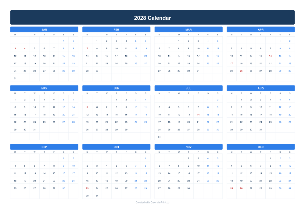 2028 calendar with New Zealand public holidays